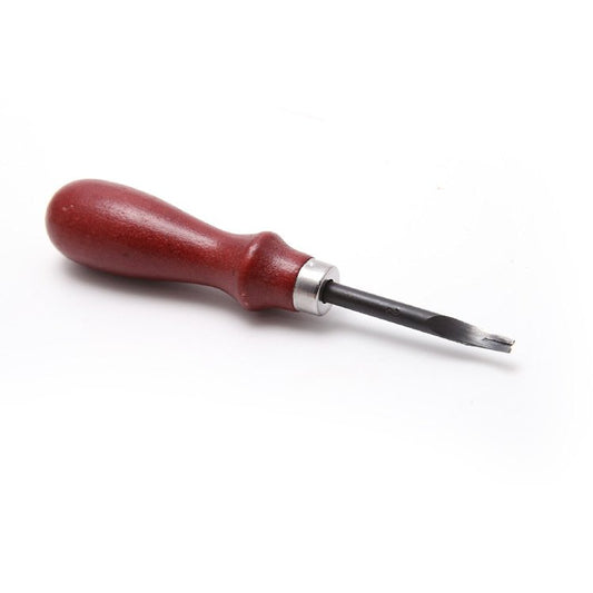 Leather edge beveler with red handle and dark steel blade tip
