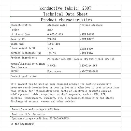 Gray conductive fabric technical data sheet background