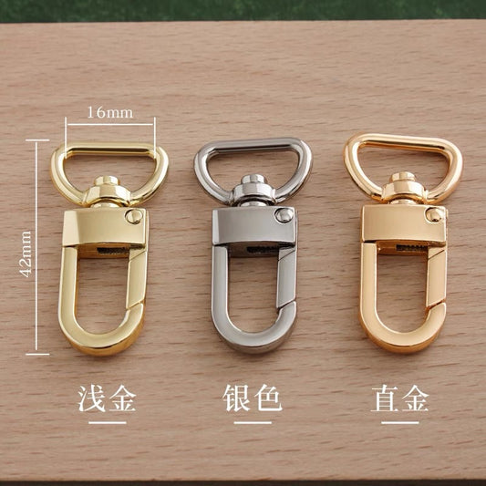 Swivel snap hooks, 16mm inner opening and 42mm length; silver, light gold, bright gold.