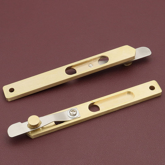 Leather line cutter with two long brass guides, metal blade and adjustment screws