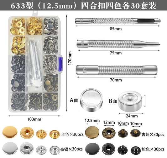 12.5mm snap fastener press stud kit with steel setting tools and metal cap parts