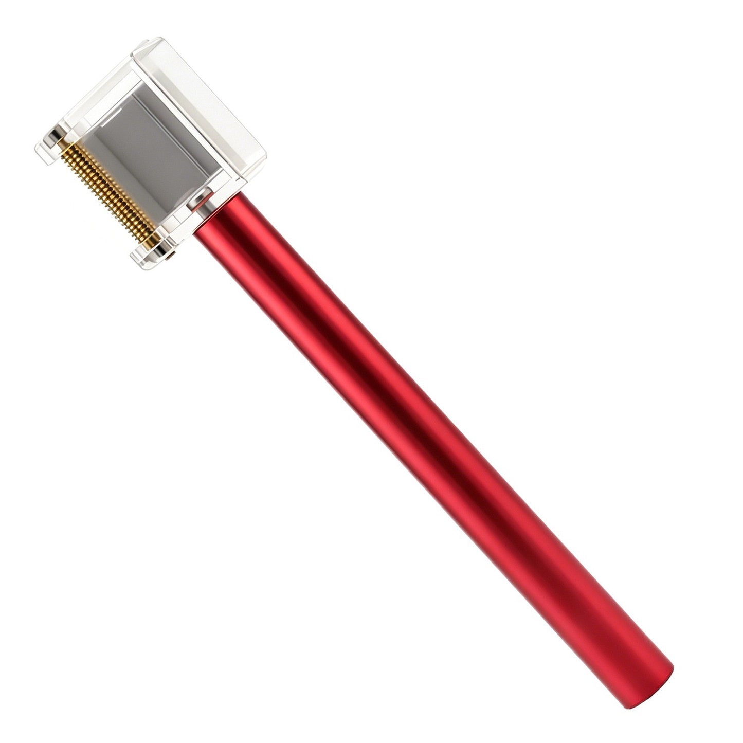 Red leather edge oil applicator pen with transparent roller head and aluminum roller tip