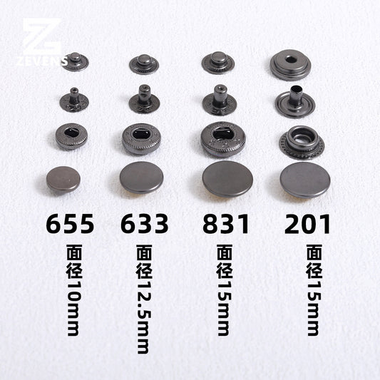 Gun metal snap buttons, round, 10mm/12.5mm/15mm faces (pack of 10)