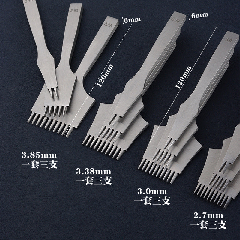 Premium Steel French Stitching Chisels Set, 2.7mm/3.0mm/3.38mm/3.85mm Spacing, Polished Teeth, 12cm Extended Handle