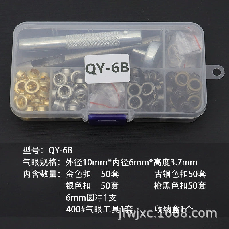 Eyelet and grommet tool set in clear storage case with metal rings and punch