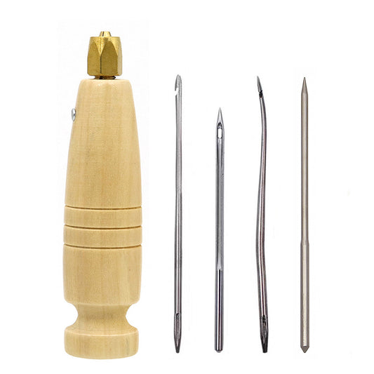 Wooden handle sewing awl set with brass head and four needle points for stitching