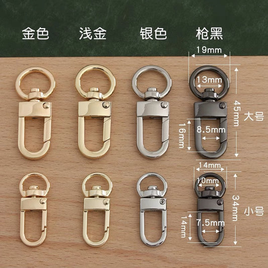 Metal swivel hook buckles in gold, light gold, silver and gunmetal with latch and ring