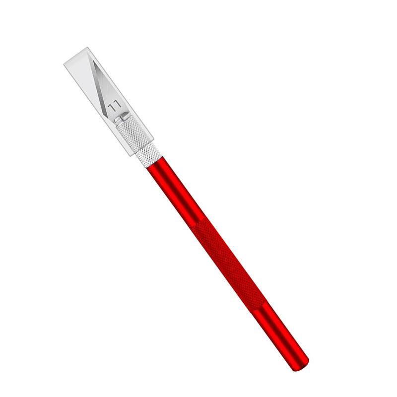 Red aluminum precision craft knife with No.11 blade and textured grip