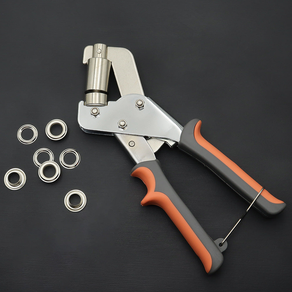 Eyelet setting pliers with orange-gray handles and loose metal grommet rings