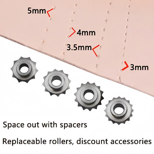 Leather stitch spacing wheel accessories on leather with evenly spaced pricking holes