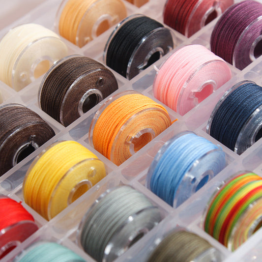 Assorted sewing thread spools in clear plastic grid, close-up of color varieties