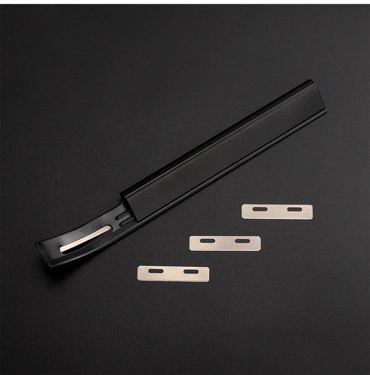 Leather safety beveler tool with dark handle and three silver blades