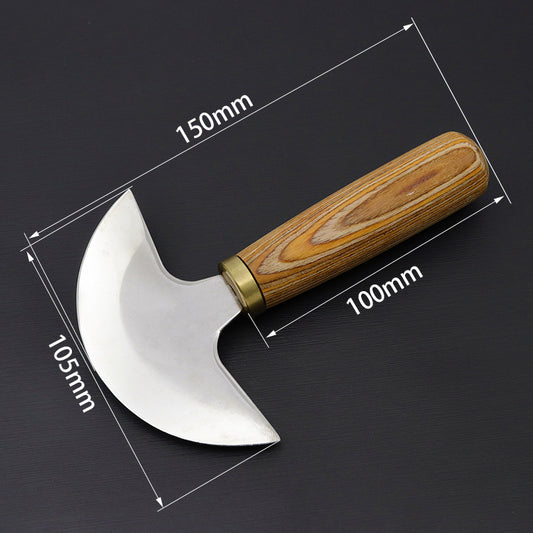 Half-round leather knife with wooden handle, brass collar, and curved steel blade