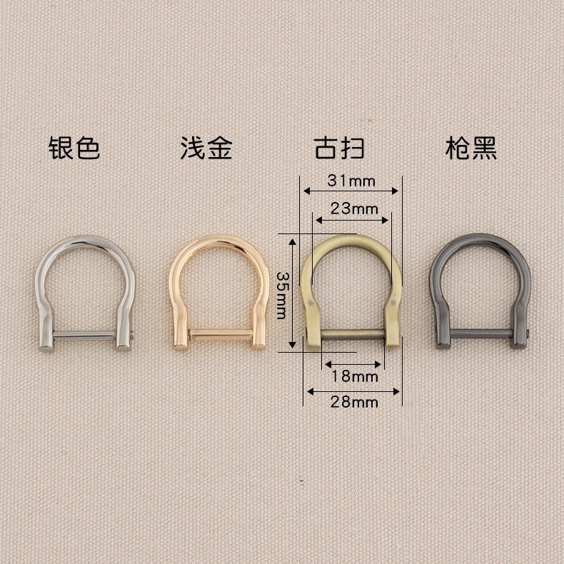 Set of metal horseshoe D-ring buckles with size diagram; silver, gold, antique, gun metal
