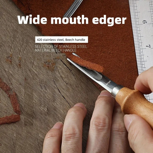 Leather edge beveler tool with beech handle and wide mouth stainless steel blade