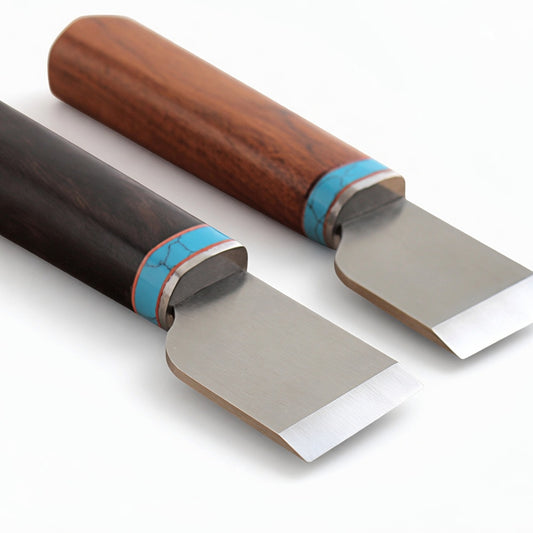 Leather cutting knife with HSS blade, wood handle and blue leather band