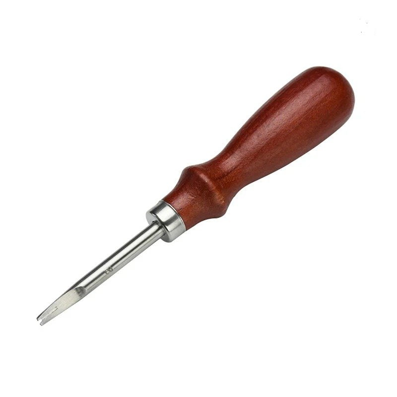 Leather edge beveler tool with dark wooden handle and metal trimming blade