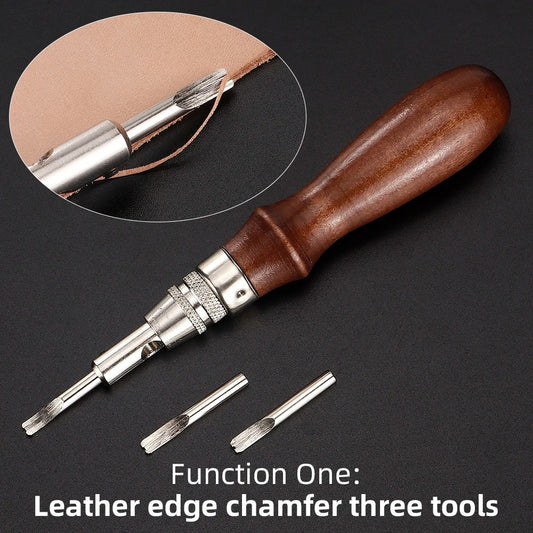 Leather edge groover tool with wooden handle, metal body, and three interchangeable tips