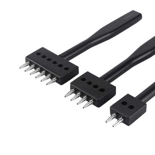 Black leather stitch hole punch tool set with three prong heads, interchangeable sizes