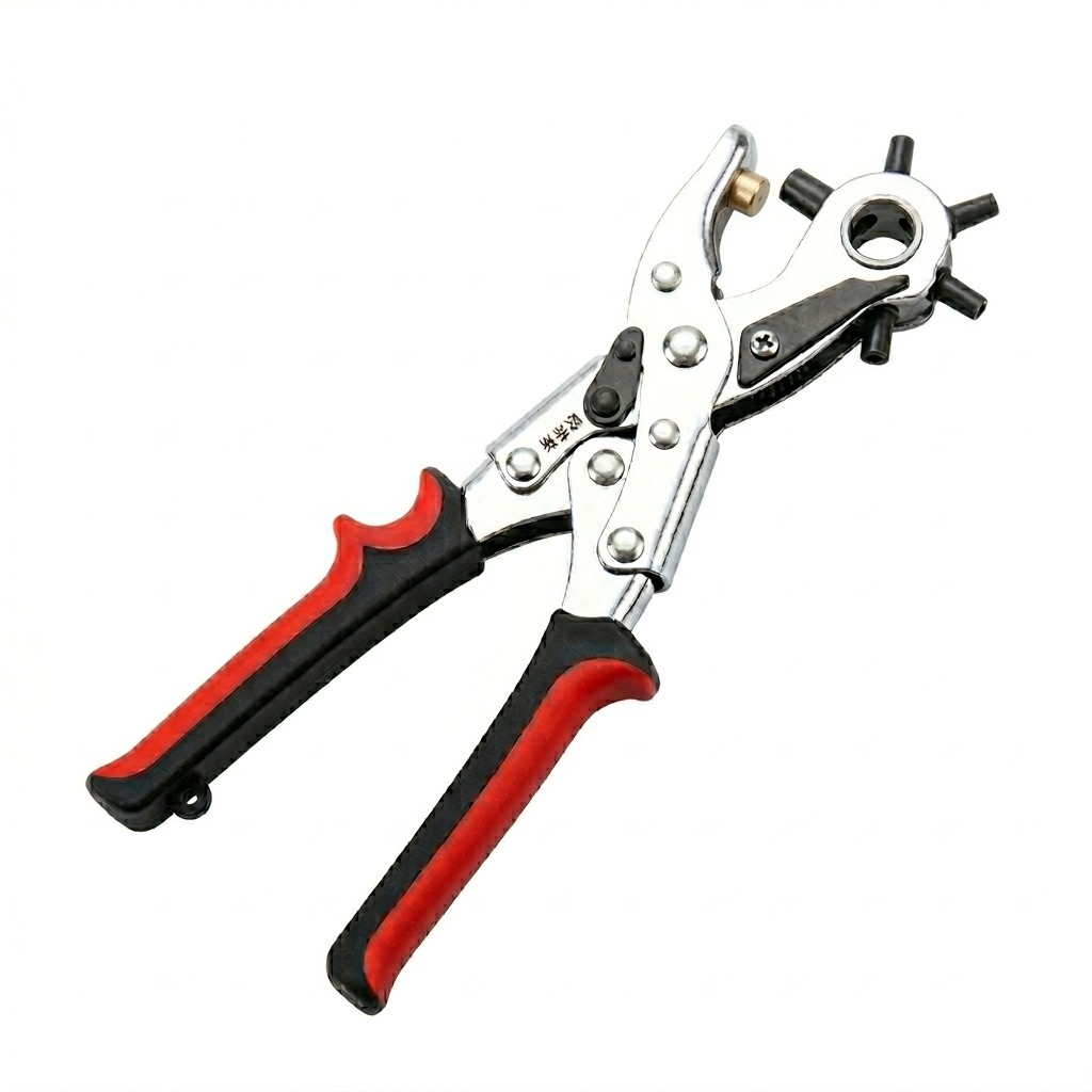 Rotary leather hole punch pliers with red and black grips and round die head