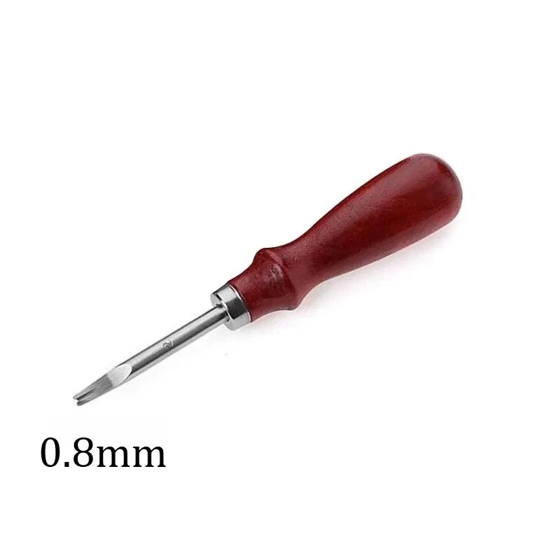 Leather edge beveler tool with dark wooden handle and 0.8mm metal blade