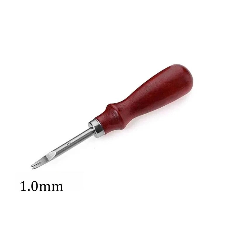 Leather edge beveler tool with dark wooden handle and 1.0mm metal blade
