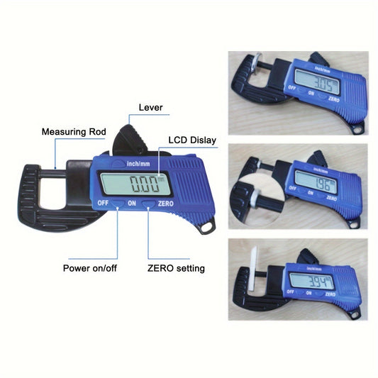 Digital thickness gauge mini caliper with LCD display, blue body, labeled buttons