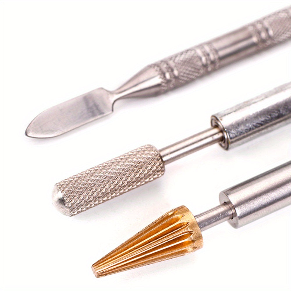 Leather edge oil pen tips close-up: silver spatula and golden conical applicator