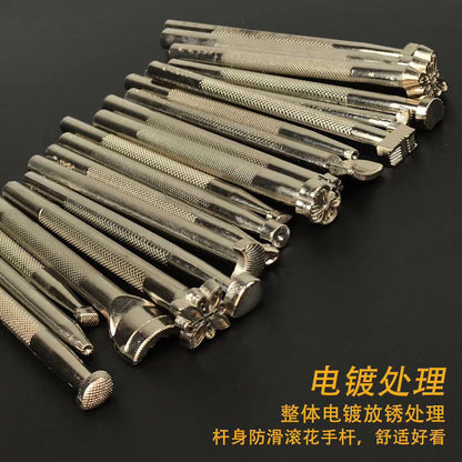 Assorted silver metal leather embossing stamps with different decorative head shapes