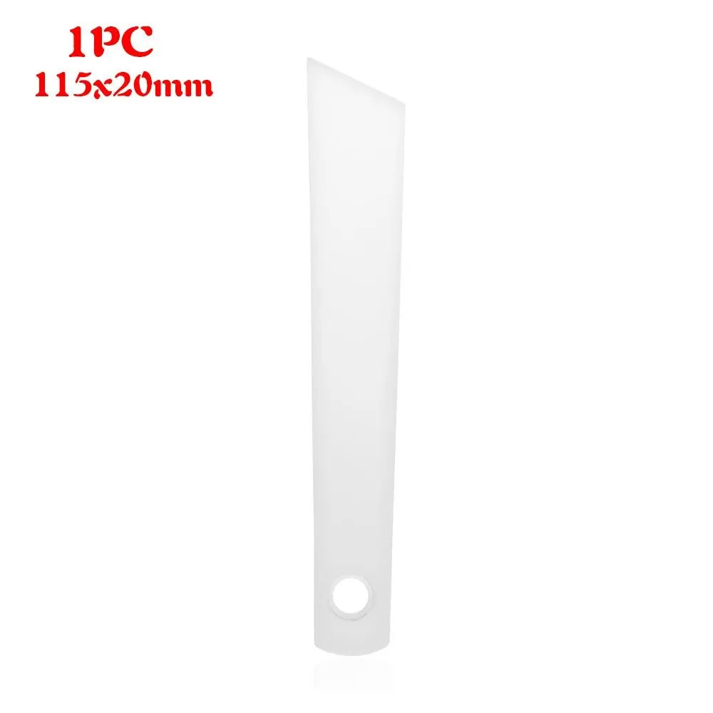 White plastic glue applicator strip with circular hole at one end