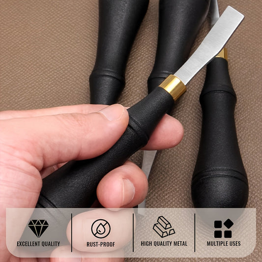 Leather roughing file and stropping tool with black handle and silver metal blade