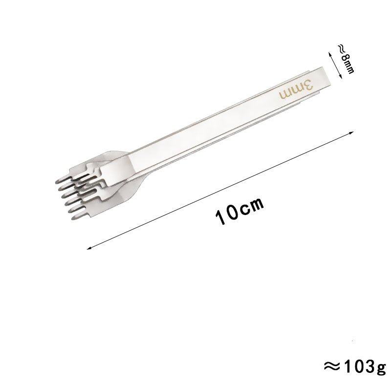 Steel leather stitching chisel with toothed head, shown with 10cm length and size label