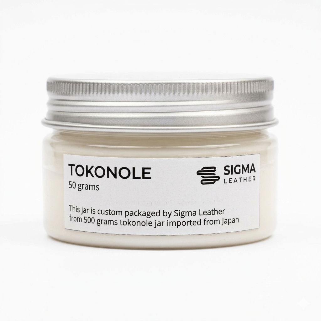 Tokonole burnishing gum jar with Sigma Leather packaging label, 50 grams.