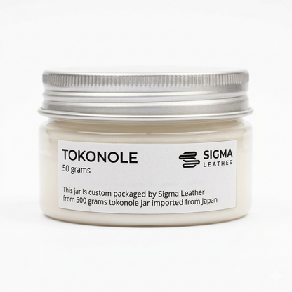 Tokonole burnishing gum jar with Sigma Leather packaging label, 50 grams.