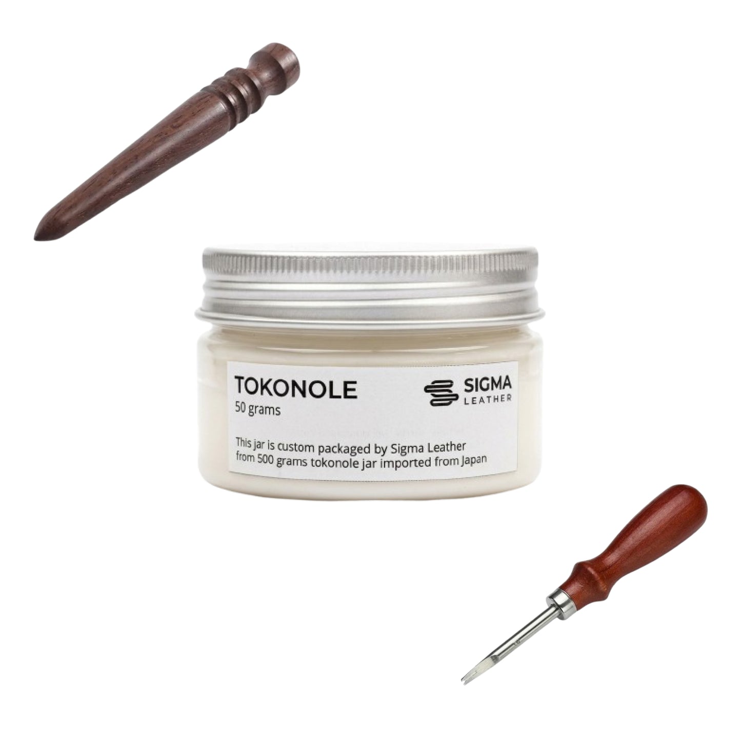 Leathercraft edge finishing tools bundle: wooden burnisher, fork tool, Tokonole jar