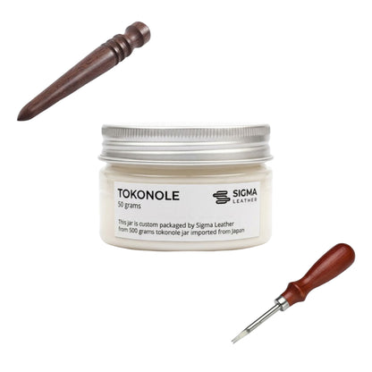 Leathercraft edge finishing tools bundle: wooden burnisher, fork tool, Tokonole jar