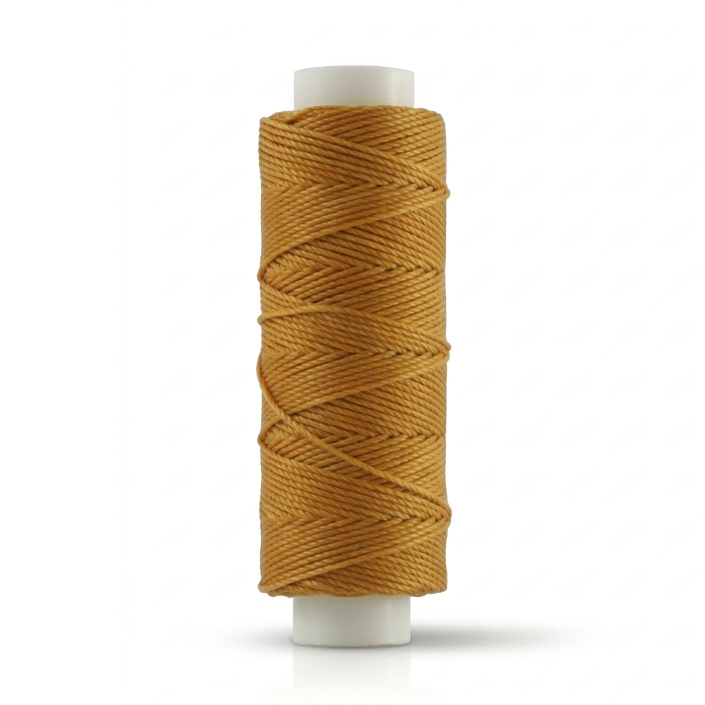 Waxed round thread spool in golden brown, coiled on white plastic reel
