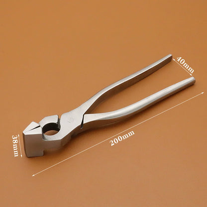 Stainless chrome steel leather craft pliers with long curved handle, polished metal