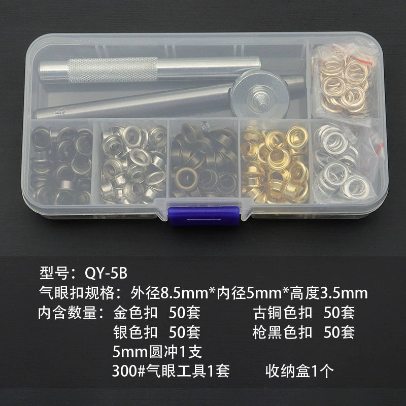 Metal eyelet and grommet kit organizer with silver tool and gold, bronze, black rings