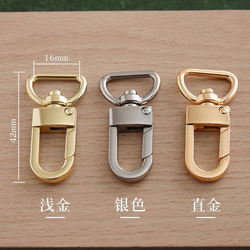 Swivel snap hooks, 16mm inner opening and 42mm length; silver, light gold, bright gold.
