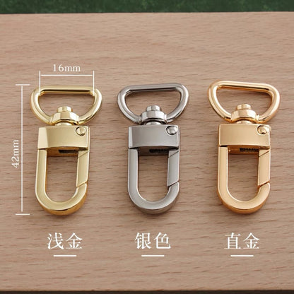 Swivel snap hooks, 16mm inner opening and 42mm length; silver, light gold, bright gold.