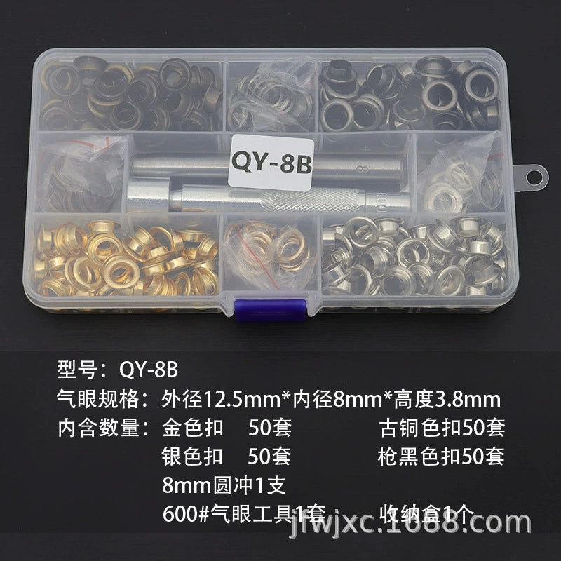 Metal eyelet and grommet kit organizer with long silver setter tool and mixed rings