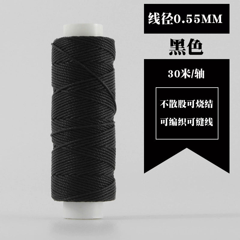 Black waxed round thread spool, tightly coiled on white plastic reel