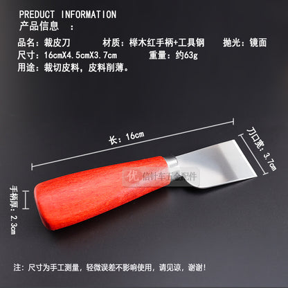 Leather skiving knife with red wood handle and mirror-polished steel blade