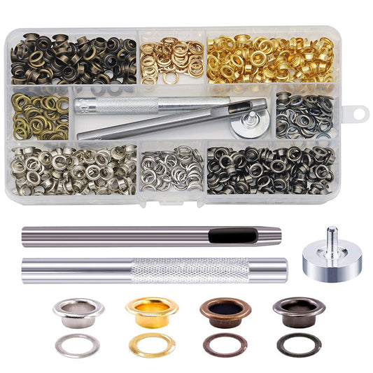 Metal eyelet and grommet kit in clear case with mixed-color rings and setting tool