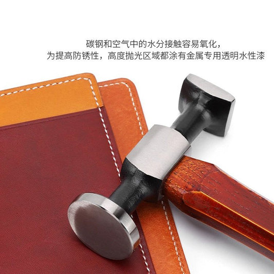 Hammer setting leather seam; round and square heads on a walnut handle