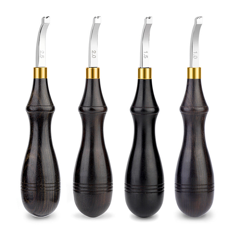 Leather edge creaser tool set with dark wood handles and curved metal blades, four sizes