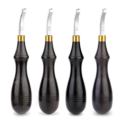 Leather edge creaser tool set with dark wood handles and curved metal blades, four sizes