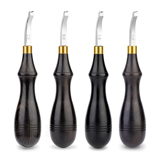 Leather edge creaser tool set with dark wood handles and curved metal blades, four sizes