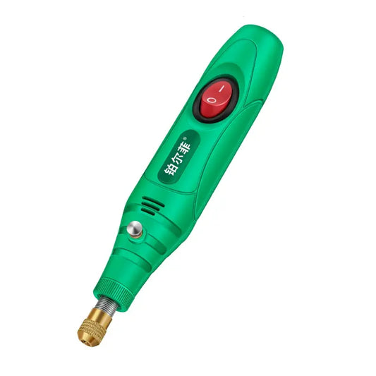 Green handheld electric rotary engraving pen with red power switch and metal chuck